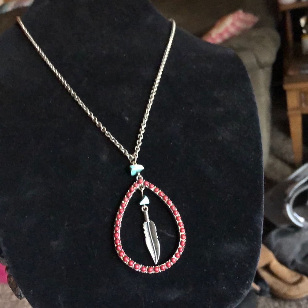 Boho Coral  and Turquoise feather Bohemian Necklace